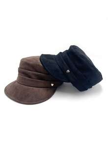 1顶复古心形金属装饰平顶报童帽，仿麂皮褶皱马术帽，艺术家帽 - 彩色 - 查看 3