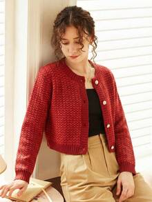 Knit Mix 优雅女士时尚针织开衫，休闲法式长袖圆领毛衣外套，适合圣诞节、感恩节和新年等场合 - 紅色 - 查看 6