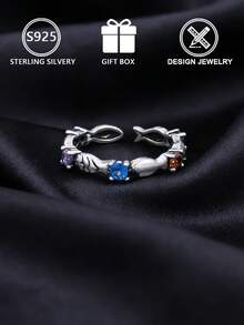 1pc 925 Sterling Silver Adjustable Open Ring, Colorful Zirconia Inlaid Dolphin Design, Gift Box Packaging, Suitable For Girlfriend/Ocean Lover, Cute Ocean Style, Fashionable Jewelry For Daily Casual Wear - Antique Silver - View 5