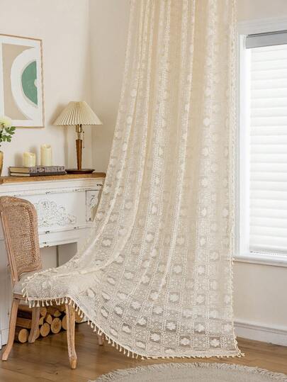 ستارة شفافة بنقشة هندسية وزهور مع شراشيب بيج، ستارة ذات حواف شراشيب فاخرة خفيفة الوزن نصف معتمة، مناسبة لغرفة المعيشة والنوم، عازلة للصوت ومحمية من الأشعة فوق البنفسجية، ستارة معتمة (وزن القماش 130 جرام)