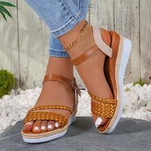 1双夏季新款圆头编织鞋面厚底坡跟凉鞋 - 棕色03 - 查看 3