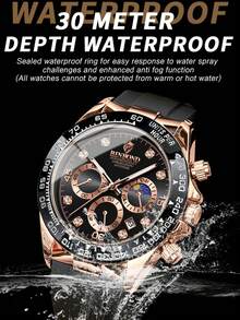 SANDA 男士石英表，硅胶表带，月相、日期、计时功能，防水，运动商务两相宜 - 黑色 - 查看 6