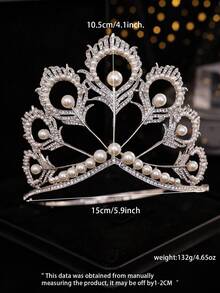 1件优雅合金孔雀羽毛皇冠，奢华大型仿珍珠选美头饰，巴洛克复古水晶新娘婚礼皇冠，适合节日派对、选美比赛、舞台表演 - 銀色 - 查看 2