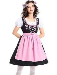 女士粉色慕尼黑啤酒节服装，包含围裙和巴伐利亚传统连衣裙，适合狂欢节、万圣节、女仆装、派对等场合。 - 粉色 - 查看 5