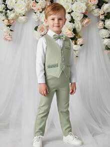 BOARNSEORL 三件套男童绅士套装 - 白色长袖衬衫配领结、绿色马甲和长裤，时尚帅气，适合生日派对、正式场合和婚礼穿着。 - 綠色 - 查看 1
