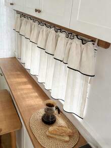 1件装农舍风格咖啡厅窗帘帘幔 - 米色条纹图案，双层设计，黑色包边，亚麻面料，挂钩顶部，四季皆宜，优雅的短款窗帘，适用于客厅、厨房、浴室窗户装饰 - 米色 - 查看 11