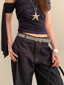 1pc Women's Silver Shiny PU Leather Casual Letter Buckle Design Versatile Belt - Silver - View 1