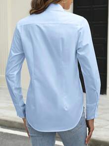Women's Solid Color Button Front Pocket Blouse, Casual Wear - Light Wash - View 2
