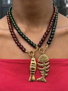 Stainless Steel Fish Pendant Necklace, Blue Green Brown Beaded Vacation Style Necklace - Beaded Necklace - View 3