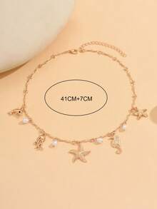 1pc Beach Vacation Ocean Style Multi-Pendant Necklace, Fashionable Gold-Tone Ocean Creature & Faux Pearl Necklace, Suitable For Daily Wear And Beach Vacation - Multicolor - View 4