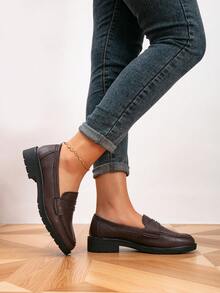 女士乐福鞋，圆头平底鞋，户外复古女鞋，休闲学院风鞋 - 巧克力棕 - 查看 3