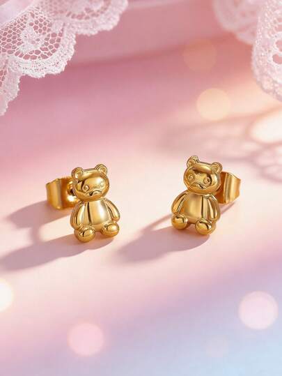 可爱泰迪熊不锈钢耳环，金色不褪色，适合女性佩戴，可作为婚礼、派对、情人节和母亲节礼物。