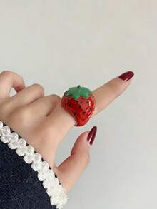 1 pieza Anillo de mujer de diseño personalizado de moda, anillo de fresa y manzana de resina, anillo de dedo único adecuado para uso diario - anillo de fresa - Ver 1
