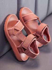 2022 Summer New Solid Soft Bottom Beach Sandals For Toddlers & Little Kids, Hook And Loop Closure - Brown - View 2