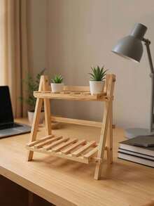 Estantería de escritorio plegable de madera hecha a mano, minimalista y de moda, estantería de exhibición de sobremesa trapezoidal de doble capa con barra transversal, adecuada para mesita de noche, tocador, decoración del hogar, almacenamiento de cocina, estantería de baño y accesorios de escritorio de oficina. Ideal para sala de estudio, dormitorio, dormitorio, como portavasos o para usar en cafetería y cocina. - Multicolor - Ver 3