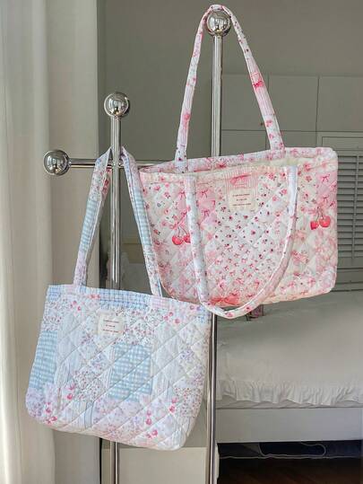 1pc Pink Floral Pattern Quilted Large Capacity Women's Tote Bag, Fashionable Multipurpose, Suitable For Holidays, Shopping, School, Outdoor, Travel, Beach And Other Occasions, Large Capacity And Portable, Suitable For Girls And Students