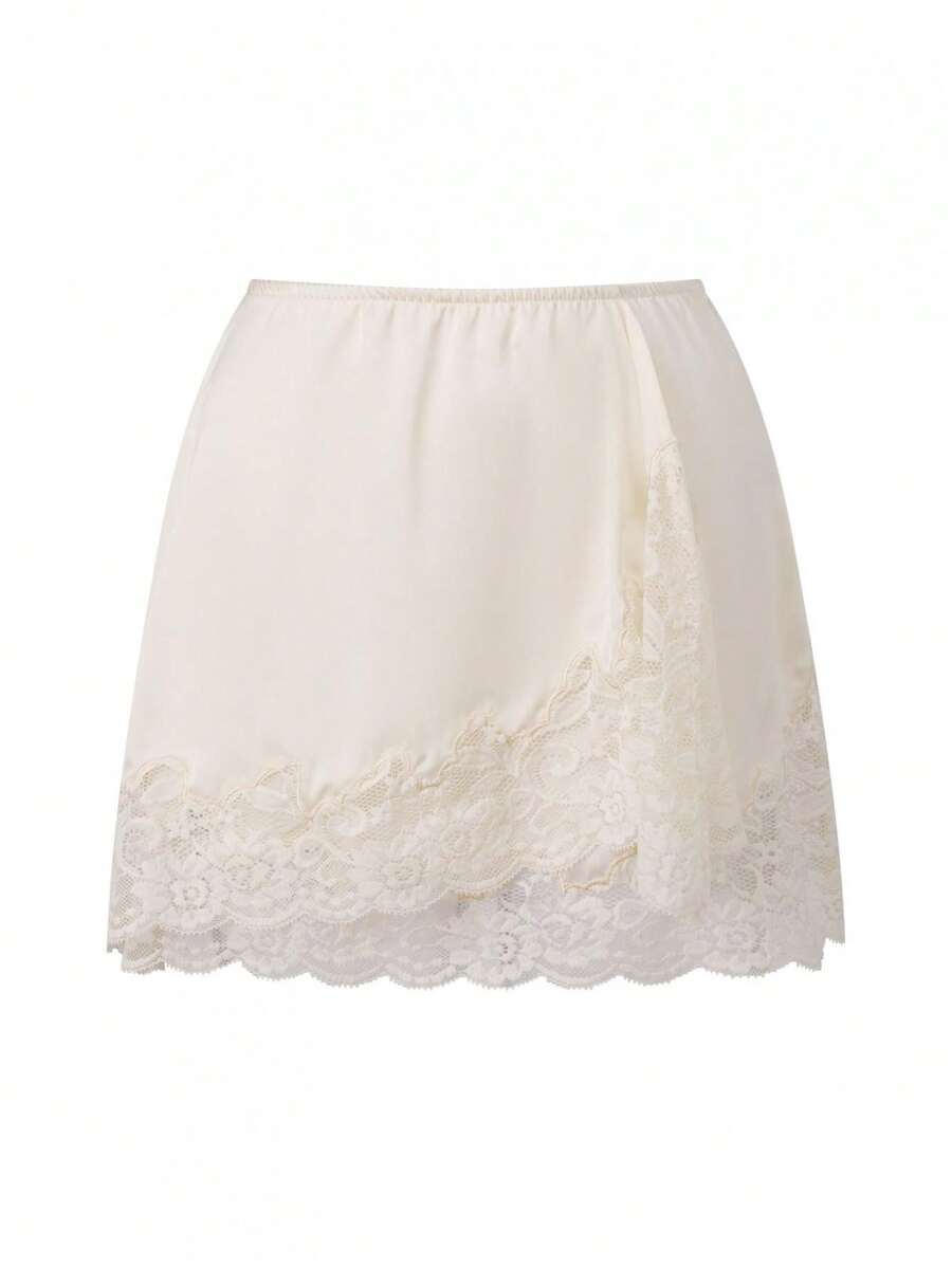 Womens Lace Trim Mini Skirt Casual Loose Fit Stylish Solid Color High Waist Short Skirt For Daily Life Club Party And More - 杏色 - 查看 1