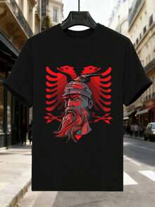 Vintage Black T-Shirt With Albanian Eagle Motif, 100% Cotton, Loose Fit, Street Hip-Hop Style, Comfortable, Art Print Summer Tops - Black - View 2