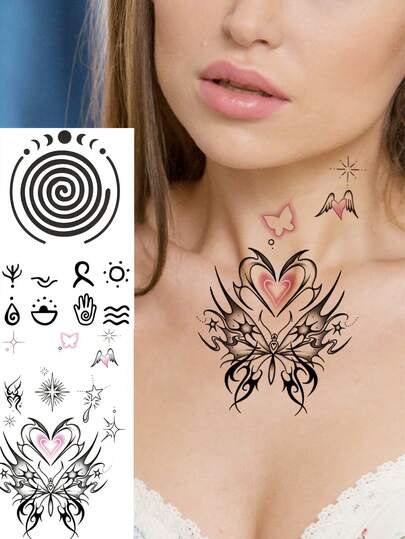 1 Sheet Y2K Watercolor Heart Butterfly Thorn Temporary Tattoos For Women Men Adults Hands Finger Foot Neck Clavicle Waist Legs Thigh Shoulder Ankles Forearm Shank Half Sleeve Arm Makeup, Semi-Permanent Temp Tattoo Waterproof Long Lasting Realistic Tatoos