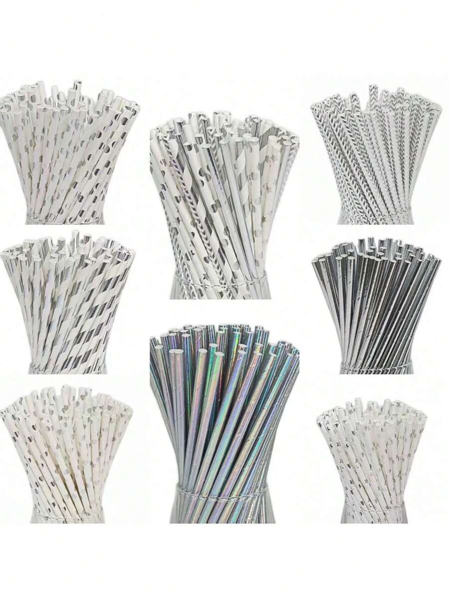 银白色纸吸管，适用于婚礼、派对、酒吧、海滩及其他场合 - 彩色 - 查看 1