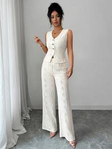 Women's Apricot New V-Neck Sleeveless Jacquard Top + High Waist Jacquard Hollow Wide Leg Pants Set, Elegant Fashion, Versatile, Bohemian, Suitable For Daily And Office Wear, Spring/Summer - Apricot - View 1