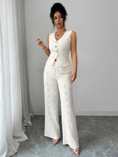 Women's Apricot New V-Neck Sleeveless Jacquard Top + High Waist Jacquard Hollow Wide Leg Pants Set, Elegant Fashion, Versatile, Bohemian, Suitable For Daily And Office Wear, Spring/Summer