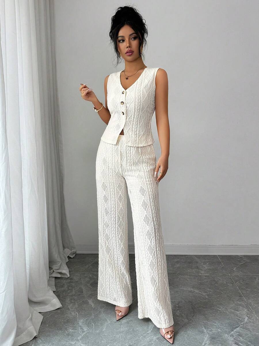 Women's Apricot New V-Neck Sleeveless Jacquard Top + High Waist Jacquard Hollow Wide Leg Pants Set, Elegant Fashion, Versatile, Bohemian, Suitable For Daily And Office Wear, Spring/Summer - Apricot - View 1