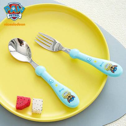  2pcs/Set Authentic Paw Patrol Cartoon Spoon And Fork Set, Featuring Characters Like Rubble, Chase, Etc. Suitable For Use, Dining Utensil Toy