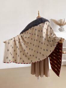 قطعة واحدة وشاح جاكار ذو نمط أنيق على شكل نحلة مع طوق من الفرو الاصطناعي، وشاح دافئ للنساء في فصلي الخريف والشتاء، مزين بدبوس إبزيم اللؤلؤ، إكسسوار عصري للدفء، هدية مثالية للنساء، مناسب للارتداء اليومي - بيج - مشاهدة 2