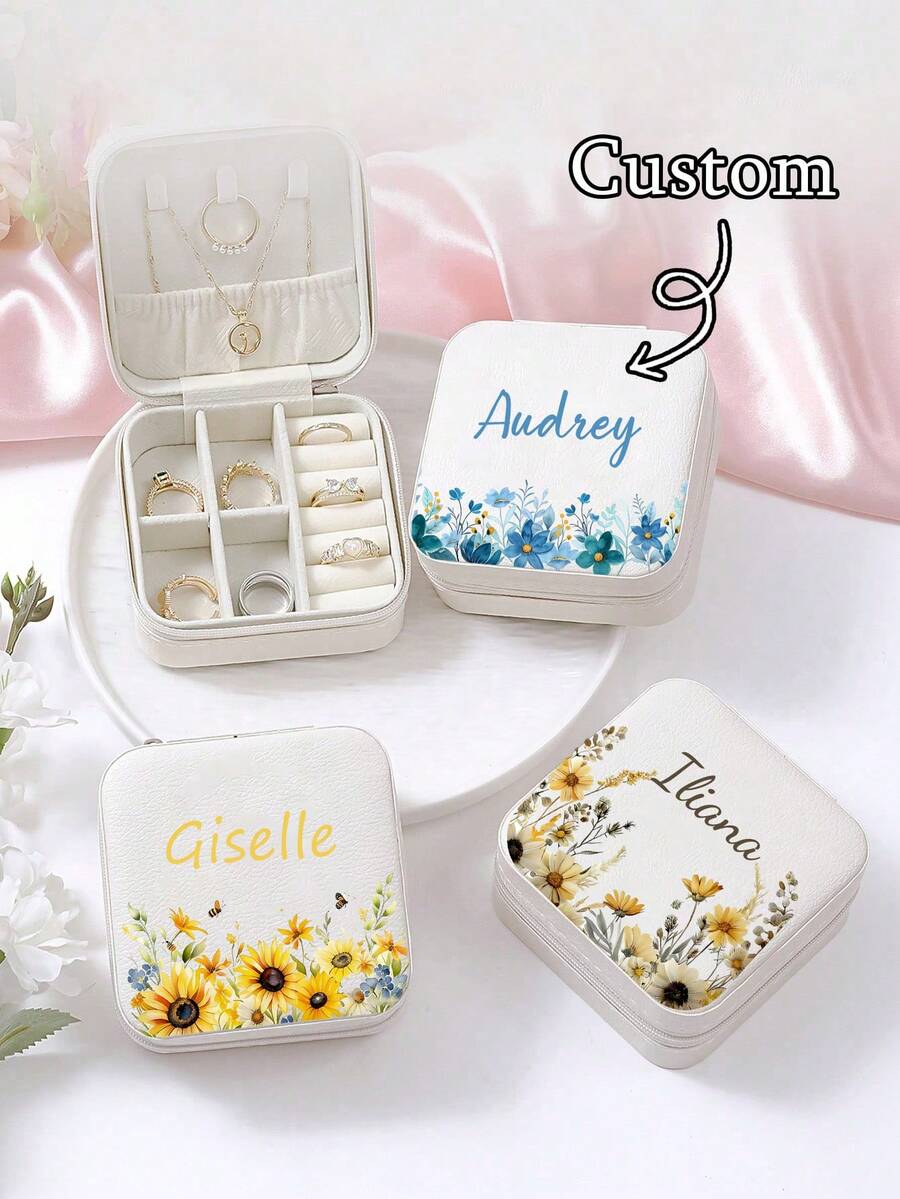 Hộp đựng trang sức cá nhân hóa cho Ngày Valentine, hộp trang sức đa năng, có thể tùy chỉnh tên và họa tiết hoa, được làm từ chất liệu PU. Hộp trang sức đa năng này nhẹ và dễ mang theo, là món quà hoàn hảo dành cho phù dâu.