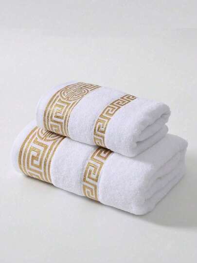 1pc/2pcs Luxury Classic Greek Key Pattern Gold Thread Embroidered Towel, Soft Absorbent Non-Lint Lightweight Bath Towel, Couple Home Towel, Bathroom Decor Towel, Outdoor Swimming Towel, Daily Hotel Gift, Adult Quality Home, Quick Dry Hair And Face.1pc Or 70*140cm Bath Towel