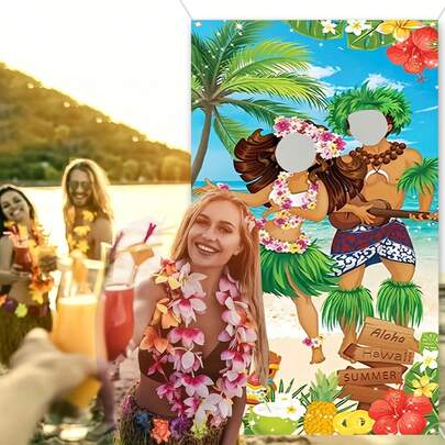 لافتة باب 2D، غطاء باب لحفلة هاواي، لافتة ألوهاء من البوليستر مقاس 35 * 70 بوصة، خلفية صورة شاطئ استوائي، لافتة ترحيب لاحتفالات الربيع والصيف