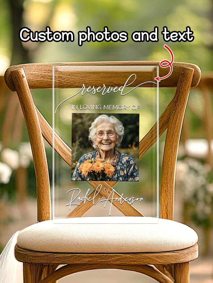1pc Personalized Acrylic Memorial Wedding Chair Sign, Customizable Photo & Name, Love Memorial Reserved Seat Plaque, Funeral, Memorial Ceremony, Anniversary & Condolence Gift For Family And Friends - Multicolor - View 1