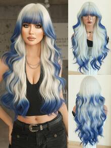 7JHH WIGS Ombre Platinum To Blue Wig Loose Extra Long Wavy Wig For Women 30 Inch Synthetic Wave Curly Wig With Bangs, Soft High Quality Heat Resistant Fiber Hair Full Machine Colored Wigs For Halloween, Cosplay, Music Festivals, Theme Parties & Celebrations - 藍色 - 查看 2