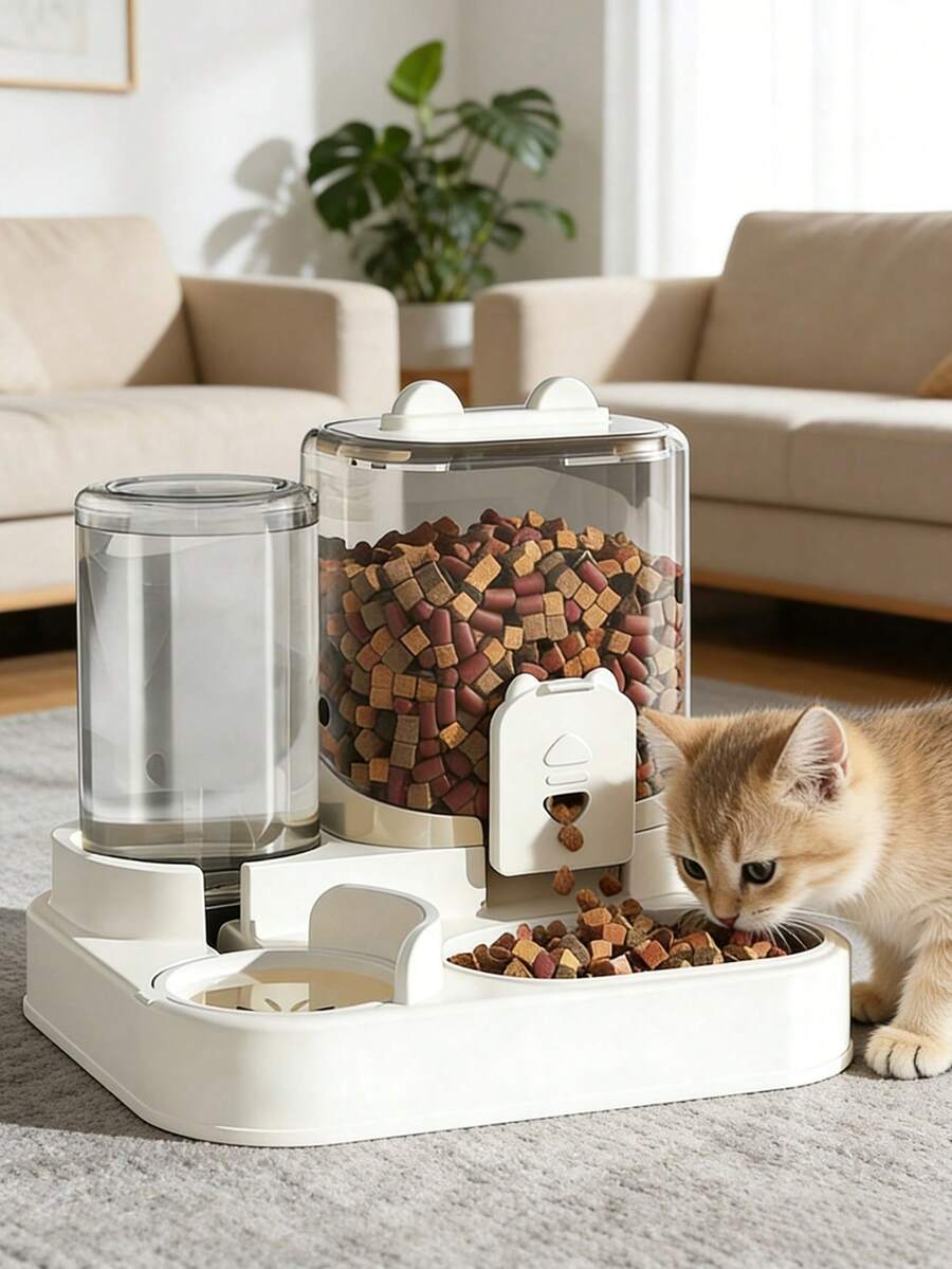 1pc Cat Feeder With Food And Water Bowls, Dry And Wet Food Separation, Pet Feeding And Drinking Station, Easy To Clean, Suitable For Various Pets To Supplement Water And Healthy Feeding, Durable Pet Feeding Supplies - 2L - View 1