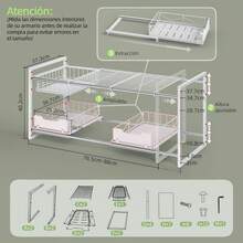 Organizador Bajo Fregadero, Estante de Cocina Expandible de 2 Niveles con 2 Cestaíble, Adecuado para cocinas baños, etc.Anchura 78.5-88 Ajustable, Blanco - 2Niveles(2 cestas extraíbles) Blanco - Ver 4