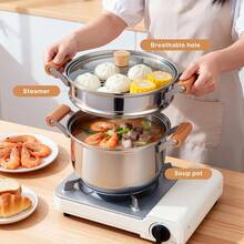 1/2-Tier Stainless Steel Steamer Pot, Multifunctional Stock Pot With Lid & Handle For Vegetables/Sauces/Food – Induction Compatible, Ideal For New Year Feasts - Silver Single Layer - View 4