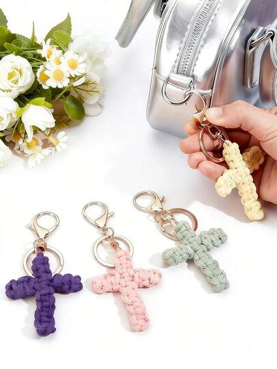 Handmade Woven Cross Keychain, Jesus Keychain, Christian Car Keychain, Bag Pendant, Soft Cross Keychain Ring, Bohemian Style Decor, Unisex, Holiday Decor, Birthday Gift, Women's Keychain, Back To School Gift, Couple Gift, Wedding Favor, Party Favor, Event Souvenir, Friend Gift, Bag Charm, Car Decor, Creative Teacher/Sister Gift