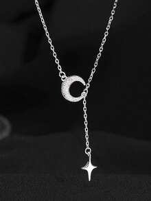 1pc S925 Sterling Silver Minimalist Fresh Elegant Star Tassel Necklace, Women's Daily Commute Versatile Exquisite Star Moon Choker Necklace, Holiday Gift - Stars and Moon - View 13