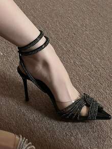 10厘米高跟尖头透明PVC水钻凉鞋，2026夏季新款婚宴鞋 - 黑色 - 查看 1