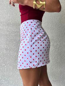 Polka Dot Skirt Shorts (Crocheted Knit Fabric) - 紅色 - 查看 3