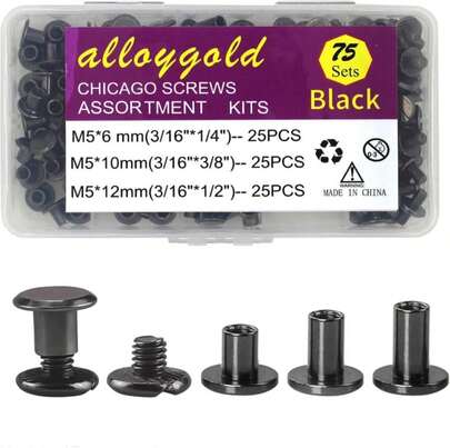 ALLOYGOLD 75 Sets Black Chicago Screws 1\/4 3\/8 1\/2 Leather Assorted Kit ,3 Sizes Of Screw Rivets For Chicago Screws For DIY Leather Craft And Bookbinding (M5 X 6, 10, 12)