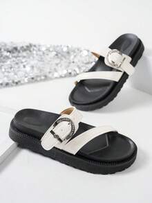New Fashion Metal Buckle Decor Slip-On Wedge Thick Sole Slippers, Comfortable Non-Slip, Versatile, Suitable For Daily Wear - White - View 6