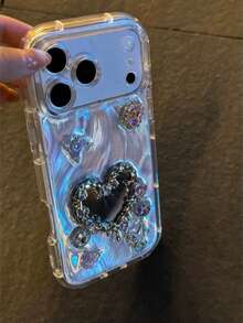 Luxury Resin Heart Mirror Rhinestone Phone Case Compatible With IPhone 16/17 Pro Max/ 15 Pro, Full Coverage Anti-Drop Protection Compatible With IPhone 14/13, Women - Silver - View 3