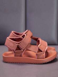 2022 Summer New Solid Soft Bottom Beach Sandals For Toddlers & Little Kids, Hook And Loop Closure - Brown - View 3