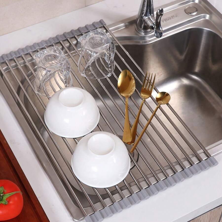 1 Pc [Foldable Kitchen Drain] Foldable Kitchen Sink Drain | Stainless Steel Storage Curtain And Silicone Drain. A 5-Second Kitchen Lifesaver! The Perfect Christmas Gift For The Kitchen, This Simple, Foldable Drain Rack Offers Easy Storage. - Grey - View 1