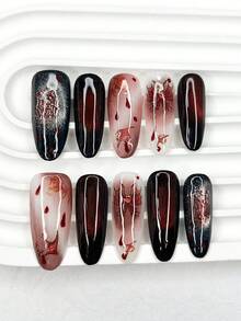 10pcs Gothic Style Dark Halloween Handmade Nail Stickers, Including Designs Like Bloody Bats, Spider Webs, Glitter, Removable And Reusable Nail Art Supplies (1 Sheet Of Jelly Stickers + 1 Nail File) - Multicolor - View 1