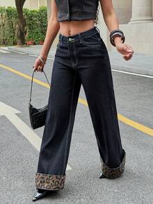 Women's Casual Loose Leopard Print Patchwork Wide Leg Jeans - Dark Wash - View 6