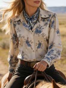 4-Season Floral Print Western Long Sleeve Shirt, Inspired By Blue & White Porcelain Flower Pattern, Button Front Collared Relaxed Fit Spring Vacation - Blue and White - View 9