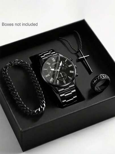 4/1pc Boys' Fashionable Business Casual Pointer Quartz Watch, Suitable For Boys To Wear, Equipped With Fashionable Bracelets, Pendant Necklaces, And Ring Sets, Suitable For Boys' Birthdays/Holiday Gifts, Suitable For Students To Wear, Very Suitable For Daily Life Such As Returning To School, Parties, And Travel. Graduation Season, Ramadan, Valentine's Day, Perfect Gift For Boys